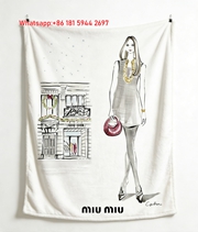 Miu Miu Grey & Magenta Fashion Illustration with Boutique Scene Flannel Throw Blanket IMG_0574